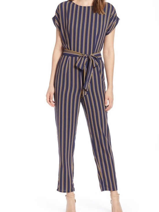 Halogen Pants - Halogen Striped Navy Tie-Waist Jumpsuit